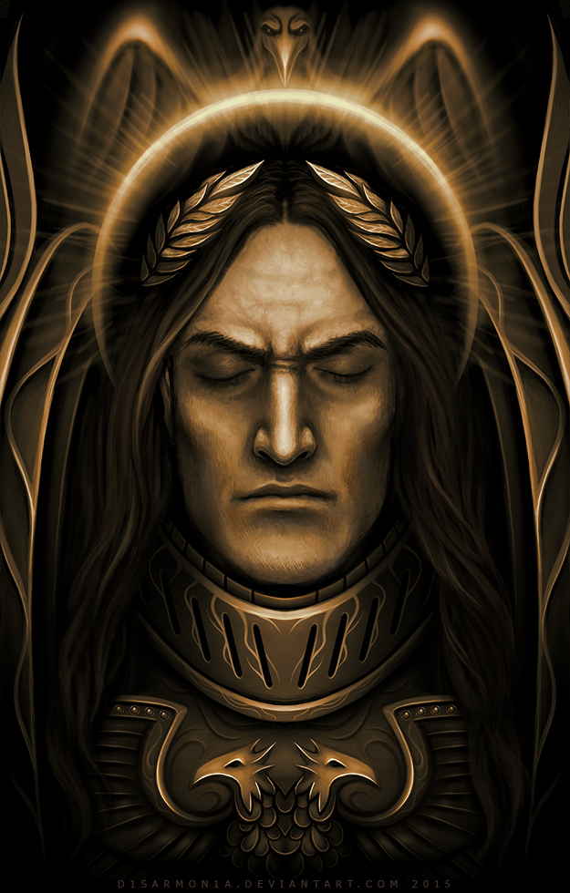 1boy aquila_(symbol) armor closed_eyes emperor_of_mankind glowing gold halo imperial_aquila laurels male_focus ornate ornate_armor portrait veronica_anrathi warhammer_40k yellow_halo