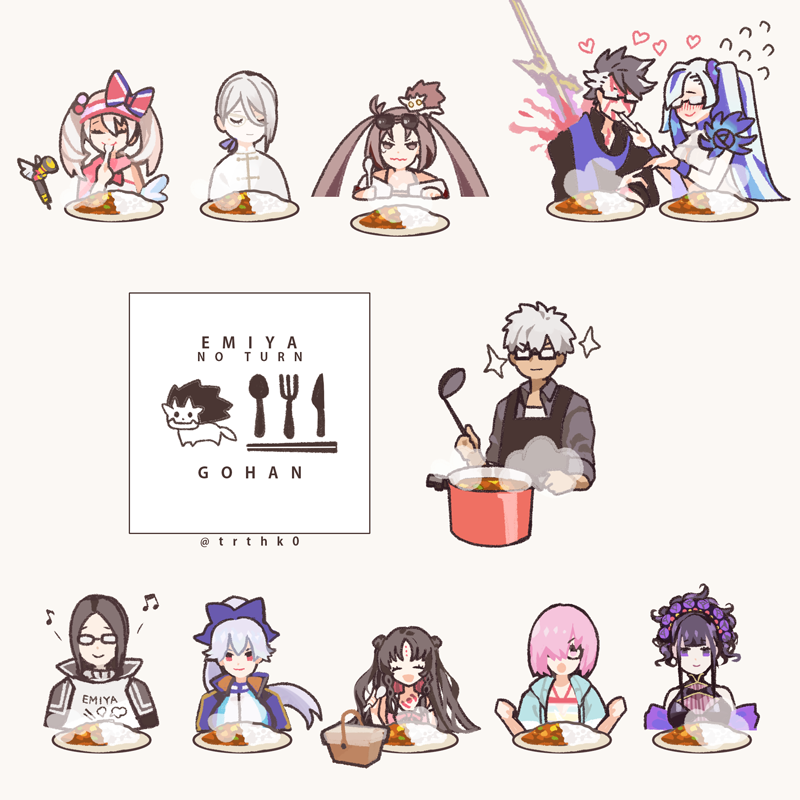 4boys 6+girls apron archer_(fate) bare_shoulders beamed_eighth_notes bikini black-framed_eyewear black_apron black_hair black_one-piece_swimsuit black_shirt blood blue_bow blue_flower blue_hair blue_jacket blue_rose blue_scarf blush bow breasts brown_eyes brown_hair brynhild_(fate) brynhild_(swimsuit_berserker)_(fate) brynhild_(swimsuit_berserker)_(first_ascension)_(fate) changpao character_hair_ornament character_name chest_tattoo chinese_clothes closed_eyes closed_mouth collared_shirt cooking_pot cropped_torso curry curry_rice double_bun eighth_note english_text eyewear_on_head facial_mark facing_viewer fanged_bangs fate/grand_order fate_(series) flower food forehead_mark glasses gold_trim grey_background grey_hair grey_shirt hair_between_eyes hair_bobbles hair_bow hair_bun hair_flower hair_ornament hair_over_one_eye hair_scrunchie hair_up hat hat_bow heart hiko_(lg612) holding holding_spoon hose_nozzle illyasviel_von_einzbern illyasviel_von_einzbern_(swimsuit_archer) illyasviel_von_einzbern_(swimsuit_archer)_(second_ascension) jacket large_breasts long_hair long_sleeves looking_at_viewer mash_kyrielight mash_kyrielight_(swimsuit_of_perpetual_summer_ver.02) medium_hair multicolored_bow multicolored_hair multiple_boys multiple_girls murasaki_shikibu_(fate) murasaki_shikibu_(swimsuit_rider)_(first_ascension)_(fate) musical_note one-piece_swimsuit one_eye_covered parted_bangs phantom_of_the_opera_(fate) picnic_basket pink_hair plate ponytail prince_of_lan_ling_(eastern_socialite_attire)_(fate) prince_of_lan_ling_(fate) purple_eyes purple_scrunchie rainbow_bikini red_bow red_eyes rice rose scarf scrunchie sessyoin_kiara sessyoin_kiara_(lily) shirt short_hair side_ponytail sigurd_(fate) sigurd_(memories_with_my_lover)_(fate) simple_background smile spoon stab star_(symbol) steam streaked_hair sunglasses swimsuit sword tattoo tomoe_gozen_(fate) tomoe_gozen_(swimsuit_saber)_(fate) tomoe_gozen_(swimsuit_saber)_(first_ascension)_(fate) twintails twitter_username two-tone_hair visor_cap wavy_mouth weapon white_bikini white_hair yu_mei-ren_(fate) yu_mei-ren_(swimsuit_lancer)_(fate)