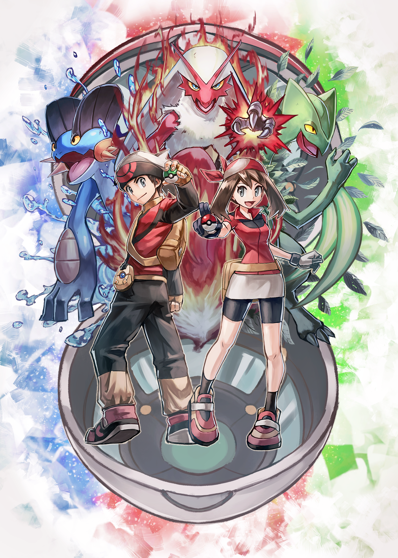 1boy 1girl ankle_socks bag bandana beanie bike_shorts black_pants black_shorts black_socks blaziken brendan_(pokemon) brown_hair claws fanny_pack fingerless_gloves fire gen_3_pokemon gloves hat highres holding holding_poke_ball kuroi_susumu leaf may_(pokemon) miniskirt nintendo open_mouth open_poke_ball pants pants_tucked_in poke_ball poke_ball_(basic) pokemon pokemon_(creature) pokemon_rse pokenav red_bandana red_footwear sceptile shirt short_hair short_sleeves shorts skirt smile socks starter_pokemon_trio swampert talons water white_skirt yellow_gloves