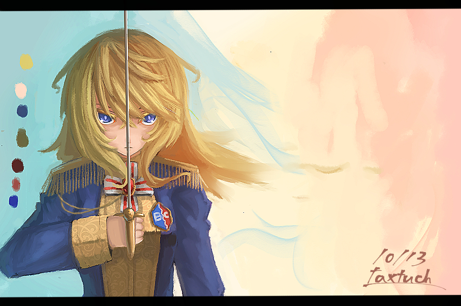 1girl blonde_hair blue_background blue_eyes blue_jacket breasts closed_mouth color_guide colorful_background commentary crossed_bangs dated emblem epaulettes floating_hair girls_und_panzer hair_between_eyes holding holding_sword holding_weapon jacket letterboxed long_bangs long_hair long_sleeves looking_at_viewer oshida_(girls_und_panzer) pink_background rapier red_brooch serious signature solo straight-on sword tacch upper_body weapon wind yellow_background