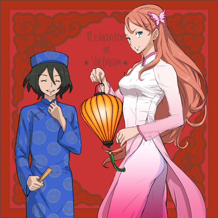 1boy 1girl aida_rayhunton bellri_zenam black_hair breasts butterfly_hair_ornament china_dress chinese_clothes dress green_eyes gundam gundam_g_no_reconguista hair_ornament hat kei-co long_hair looking_at_viewer open_mouth orange_hair smile ao_dai