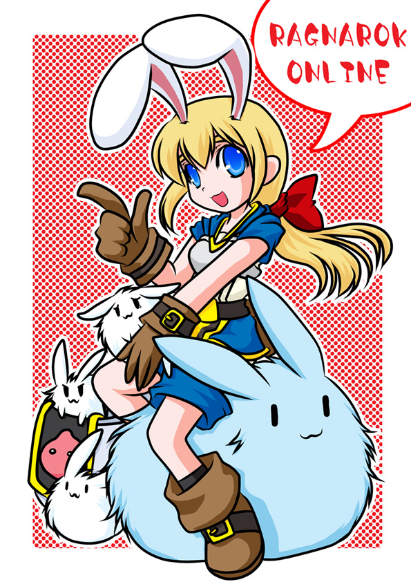 1girl :d animal_ears blonde_hair blue_eyes blue_shirt blue_shorts bow brown_gloves commentary_request copyright_name eclipse_(ragnarok_online) full_body gloves hair_bow long_hair looking_at_viewer lunatic_(ragnarok_online) open_mouth polka_dot polka_dot_background pullcart rabbit rabbit_ears rabbit_girl ragnarok_online red_background red_bow shirt short_sleeves shorts smile solo super_novice_(ragnarok_online) yazawa_kazuki