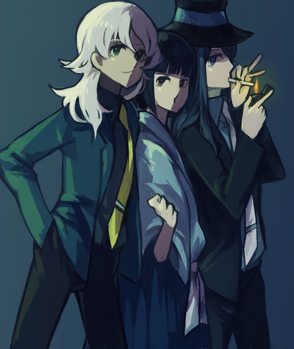 3girls arsene_lupin_iii arsene_lupin_iii_(cosplay) bad_id bad_pixiv_id black_hair blue_background blunt_bangs bob_cut cigarette cosplay crossover elizabeth_f._beurling formal_clothes giuseppina_ciuinni green_jacket hand_in_pocket hat inagaki_mami ishikawa_goemon_xiii ishikawa_goemon_xiii_(cosplay) jacket japanese_clothes jigen_daisuke jigen_daisuke_(cosplay) lighter lighting_cigarette long_hair lupin_iii multiple_girls necktie shirono_kuma short_hair simple_background smoking strike_witches strike_witches:_suomus_misfits_squadron suit white_hair witches_of_africa world_witches_series yellow_necktie