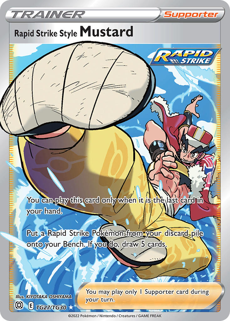 2boys abs aged_down artist_name bracelet cape card_(medium) character_name company_name copyright_name copyright_notice english_text full_body hat jewelry kicking long_eyebrows male_focus multiple_boys mustard_(pokemon) nintendo official_art open_mouth oshiyama_kiyotaka outstretched_leg pants poke_ball_print pokemon pokemon_card pokemon_swsh pokemon_tcg red_cape red_hat shoes smile solo teeth third-party_source trading_card upper_teeth_only water yellow_pants