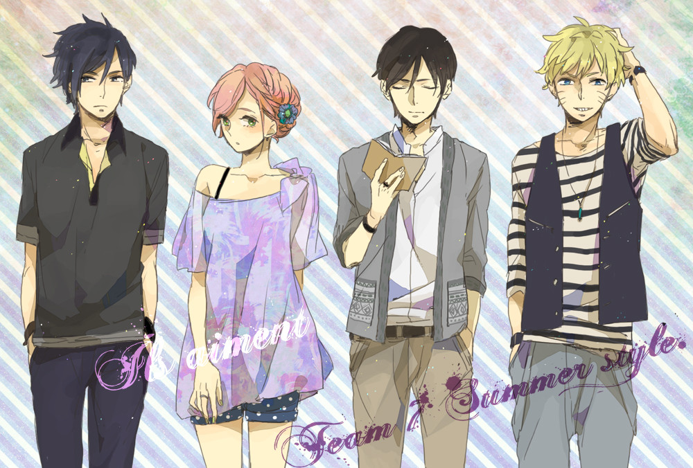 1girl 3boys alternate_costume alternate_hairstyle aono_nachi belt book casual flower grin hair_flower hair_ornament haruno_sakura jewelry looking_at_viewer multiple_boys naruto_(series) naruto_shippuuden necklace sai shirt short_hair smile summer team_7_(naruto) uchiha_sasuke uzumaki_naruto wristband