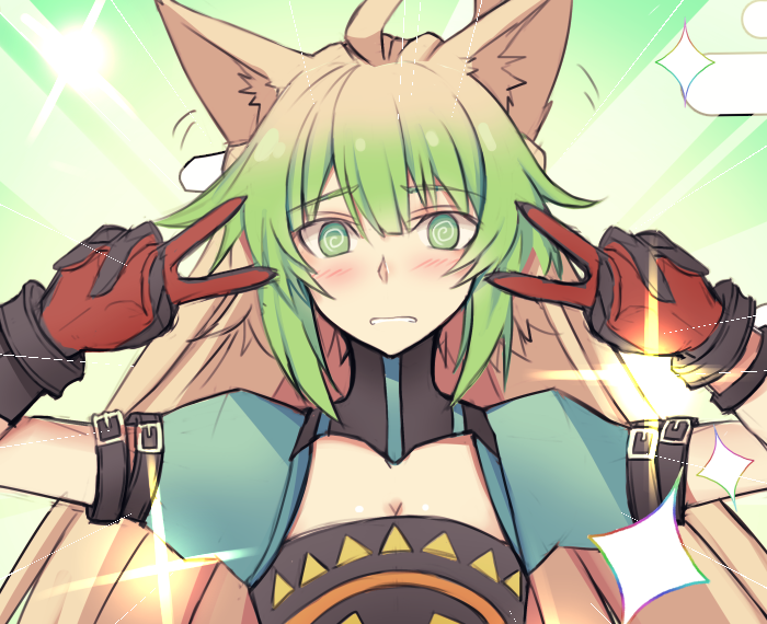 1girl @_@ ahoge animal_ears atalanta_(fate) blonde_hair blush braid breasts cat_ears cat_tail double_v emotional_engine_-_full_drive fate/apocrypha fate_(series) female_focus gloves gradient_hair green_eyes green_hair hair_between_eyes long_hair looking_at_viewer multicolored_hair nahu solo tail thighhighs two-tone_hair v very_long_hair