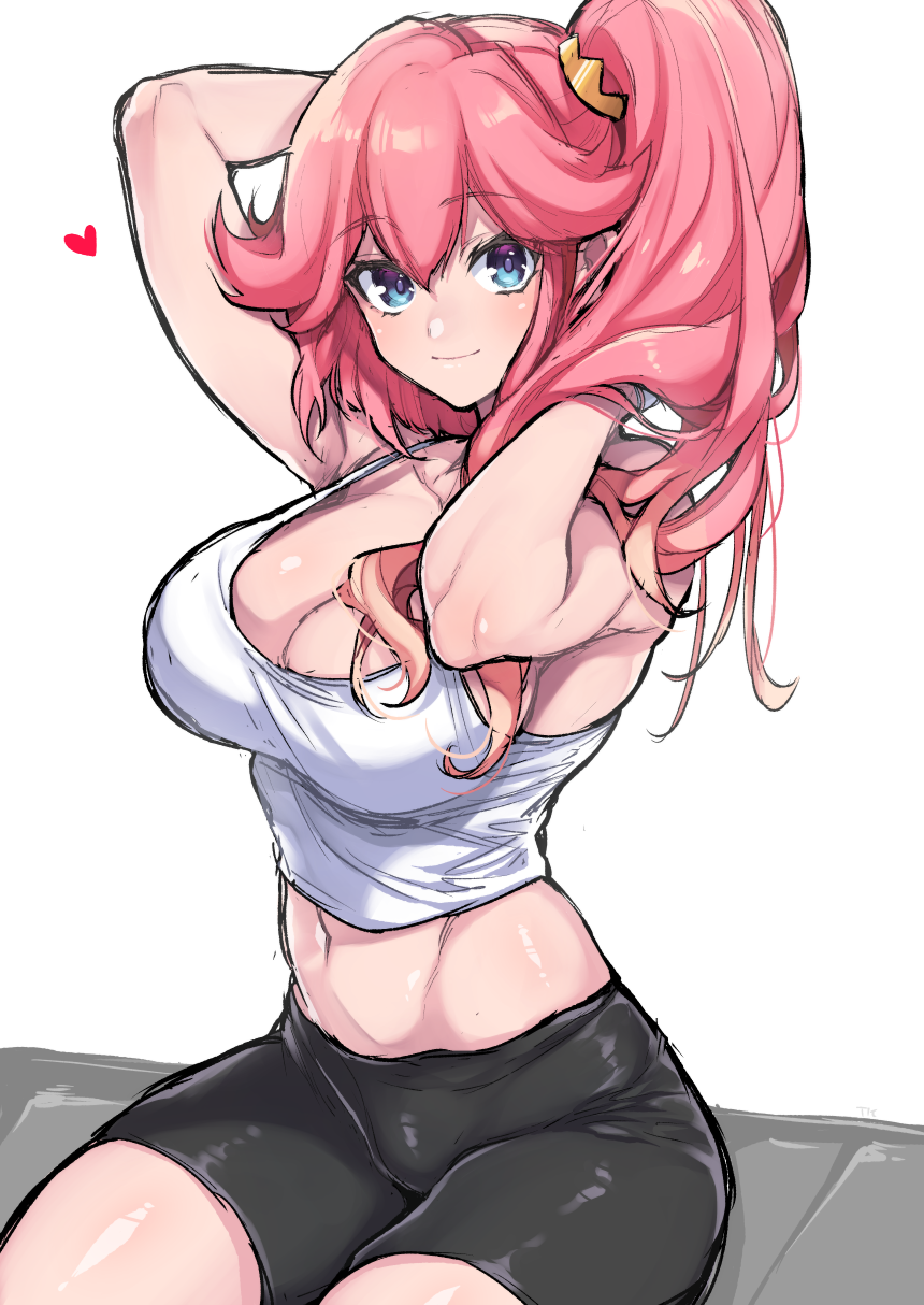 1girl adjusting_hair aina_ardebit bike_shorts black_shorts blue_eyes commentary_request crown hair_between_eyes heart highres long_hair looking_at_viewer midriff navel pink_hair plunging_neckline ponytail promare shorts simple_background sitting sketch solo takatsuki_ichi tank_top thighs white_background white_tank_top