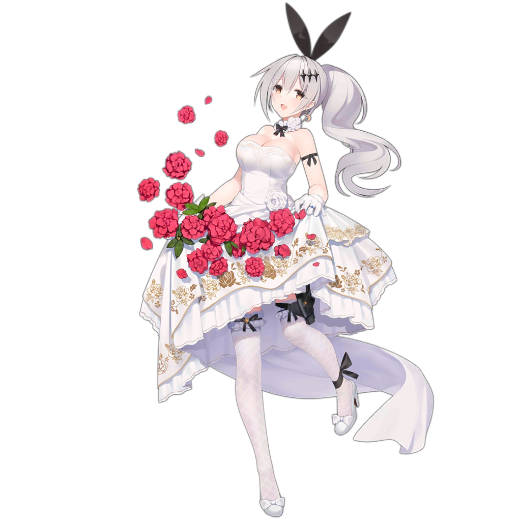 1girl ankle_ribbon arm_ribbon bare_shoulders black_ribbon blush bow breasts brown_eyes cleavage clothes_lift crescent crescent_earrings dress dress_flower dress_lift earrings five-seven_(girls&#039;_frontline) five-seven_(smile_of_acceptance)_(girls&#039;_frontline) flower flower_request fn_five-seven footwear_bow frilled_thighhighs frills full_body girls&#039;_frontline gloves gun hair_between_eyes hair_ornament hair_ribbon handgun high_heels holster holstered jewelry large_breasts leg_ribbon legs long_hair looking_at_viewer neck_ribbon official_alternate_costume official_art open_mouth pdw-caliber_pistol ponytail ribbon shoes simple_background smile solo standing standing_on_one_leg suisai_(suisao) thigh_holster thighhighs transparent_background weapon wedding_dress white_dress white_gloves white_hair white_shoes white_thighhighs