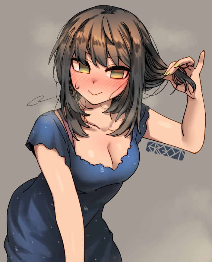 1girl anchor_symbol arm_support blue_dress blush bra_strap breasts brown_hair cleavage collarbone commentary_request cowboy_shot dress ergot fubuki_(kancolle) fubuki_(spring)_(kancolle) green_eyes green_nails grey_background hair_tie hand_up kantai_collection looking_at_viewer medium_breasts medium_hair no_pupils signature simple_background smile solo steam sweat untying_hair