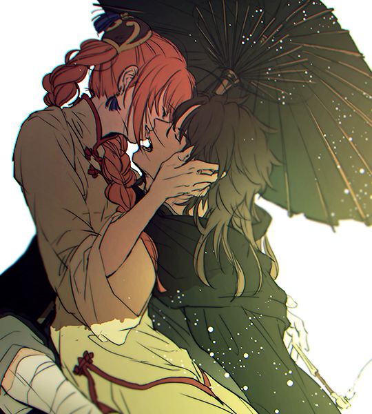 1boy 1girl aged_down arm_wrap bandages black_hair braid carrying chinese_clothes chromatic_aberration cloak couple earrings closed_eyes from_side gintama hair_over_shoulder hetero holding holding_smoking_pipe holding_umbrella jewelry kiseru kouka_(gintama) light_particles long_hair long_sleeves oil-paper_umbrella open_mouth pants profile shade simple_background single_braid sketch sleeves_rolled_up smoking_pipe tassel tassel_earrings umbrella umibouzu_(gintama) white_background wide_sleeves yuuki_(mnm217)