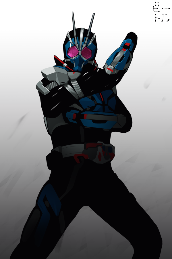 1boy antennae armor belt bettle_(b_s_a_n) blue_armor body_armor boots character_request compound_eyes full_armor gloves gradient_background grey_background helmet henshin henshin_pose kamen_rider kamen_rider:_reiwa_the_first_generation kamen_rider_01_(series) kamen_rider_type-1 legs_apart male_focus mask pink_eyes rider_belt solo spread_legs standing tagme tokusatsu