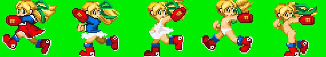 1girl arm_cannon blonde_hair boots capcom dress female_focus from_side full_body green_background green_eyes loli long_hair mega_man_(classic) nude panties pixel_art ponytail red_dress ribbon roll_(mega_man) simple_background source_request sprite_art sprite_sheet underwear weapon