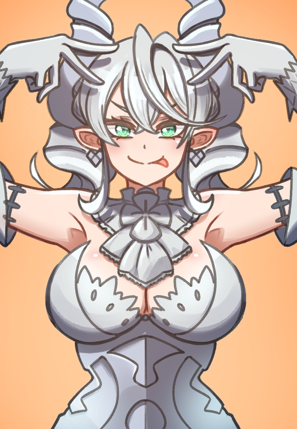 1girl :p alternate_eye_color black.b blush breasts cleavage demon_girl demon_horns detached_collar earrings gloves green_eyes hair_between_eyes highres horns hoshino_ai&#039;s_pose jewelry large_breasts looking_at_viewer lovely_labrynth_of_the_silver_castle medium_hair pointy_ears sidelocks solo tongue tongue_out twintails upper_body white_gloves white_hair yu-gi-oh!