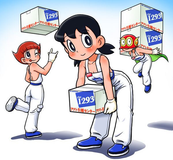 3girls :p \n/ bare_shoulders bent_over black_eyes black_hair breasts crossover doraemon esper_mami flipped_hair flying gradient_background hoshino_sumire leaning_forward looking_at_viewer looking_back low_twintails mask minamoto_shizuka mochi-iri_kinchaku multiple_girls no_bra perman perman_(series) perman_2 red_hair sakura_mami short_twintails simple_background small_breasts smile tongue tongue_out twintails