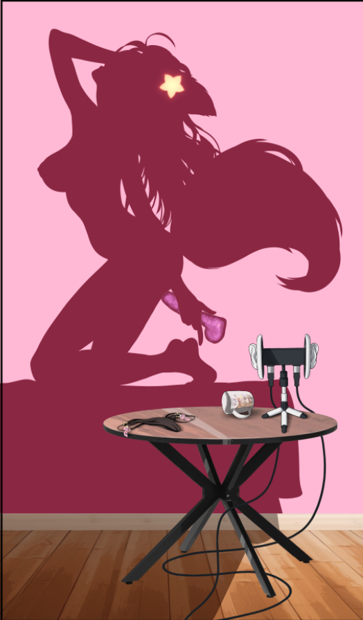1girl audio_cable black_panties breasts coffee_mug commission cup dildo doomykiwi dressed_shadow_(meme) from_behind full_body holding holding_cup holding_sex_toy implied_nudity kneeling large_breasts long_hair meme mug on_bed original panties round_table sex_toy solo table tail tripod underwear unworn_panties