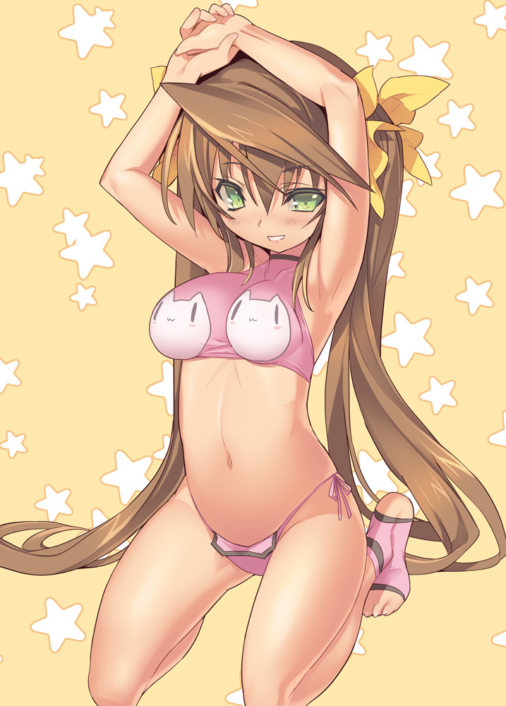 10s 1girl animal_print ano_natsu_de_matteru armpits arms_up barefoot blade_(galaxist) blush bow bra breast_padding breasts brown_hair cat_print feet female_focus green_eyes grin hair_bow huang_lingyin infinite_stratos kneeling large_breasts long_hair navel panties pink_bra pink_panties rinon_(ano_natsu_de_matteru) side-tie_panties smile solo star_(symbol) toeless_legwear toes turtleneck underwear underwear_only very_long_hair