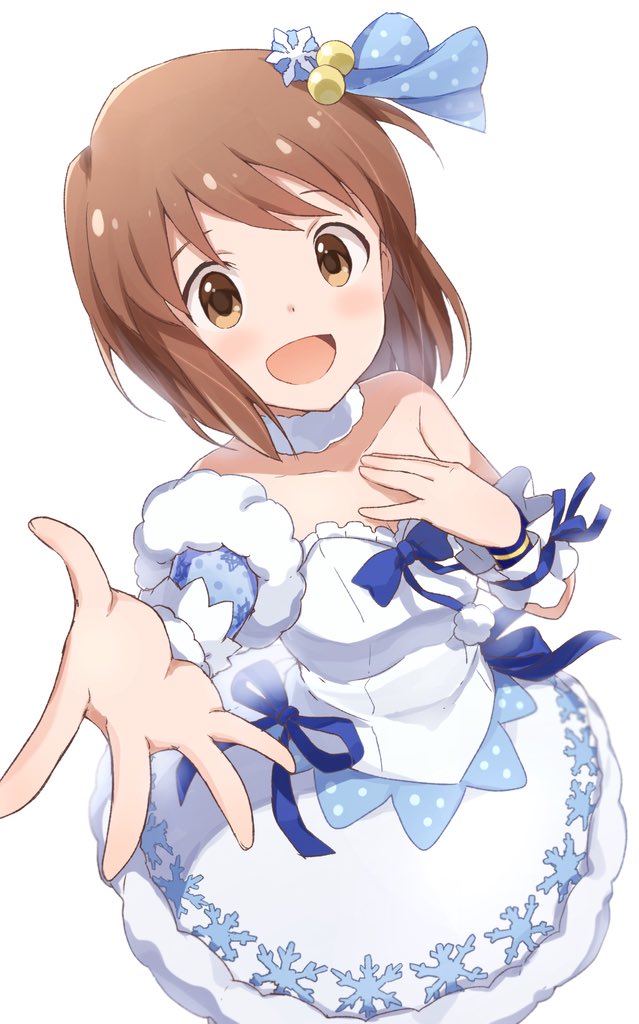 1girl blue_bow blue_ribbon blue_sleeves blush bob_cut bow breasts brown_eyes brown_hair buchi_(y0u0ri_) choker collarbone dot_nose dress dress_bow from_above fur-trimmed_dress fur-trimmed_sleeves fur_trim hagiwara_yukiho hair_bobbles hair_ornament hand_on_own_chest hands_up idolmaster idolmaster_(classic) idolmaster_million_live! idolmaster_million_live!_theater_days looking_at_viewer medium_breasts offering_hand open_hands open_mouth polka_dot_sleeves print_sleeves reaching reaching_towards_viewer ribbon short_hair simple_background single_bare_shoulder single_sleeve smile snowflake_hair_ornament snowflake_liliput_(idolmaster) snowflake_print solo standing strapless strapless_dress white_background white_choker white_dress wrist_ribbon