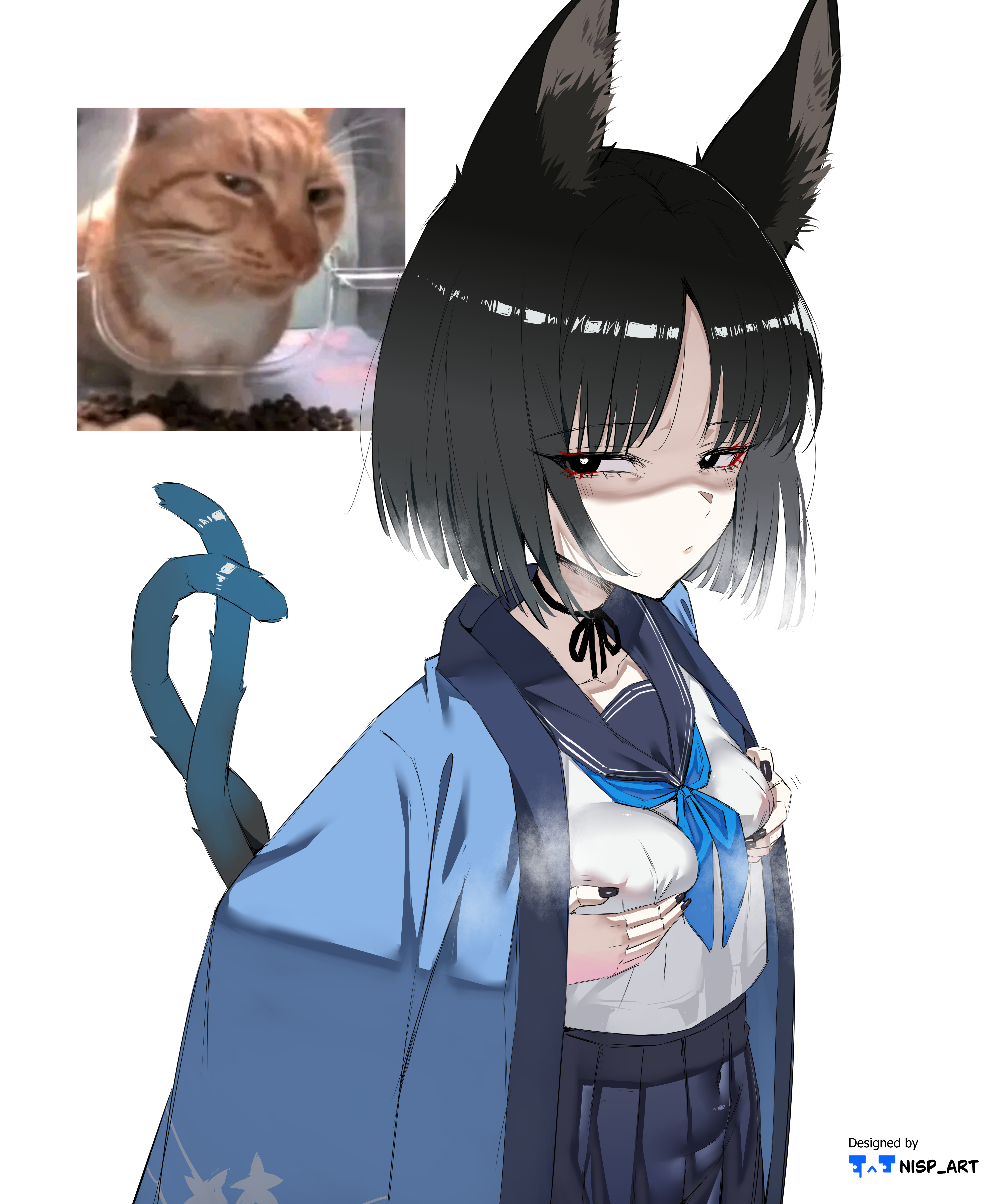 absurdres animal_ear_fluff animal_ears black_choker black_hair blue_archive blue_haori blue_ribbon blue_sailor_collar blue_skirt blunt_ends bob_cut breasts cat_ears cat_girl cat_tail choker closed_mouth colored_skin grabbing_own_breast hair_between_eyes haori highres japanese_clothes kikyou_(blue_archive) medium_hair meme multicolored_skin nisp_art ribbon sailor_collar shaded_face shirt sidelocks skirt tail two-tone_skin white_shirt