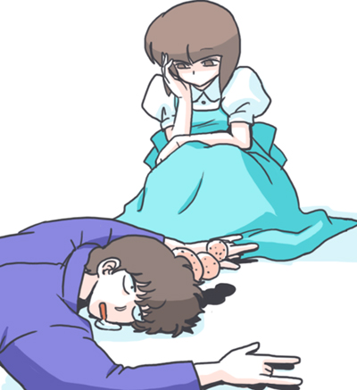 1boy 1girl brown_eyes fuurinkan_high_school_uniform kunou_tatewaki lowres on_floor ranma_1/2 saliva school_uniform shadow simple_background tendou_nabiki wanta_(futoshi) white_background