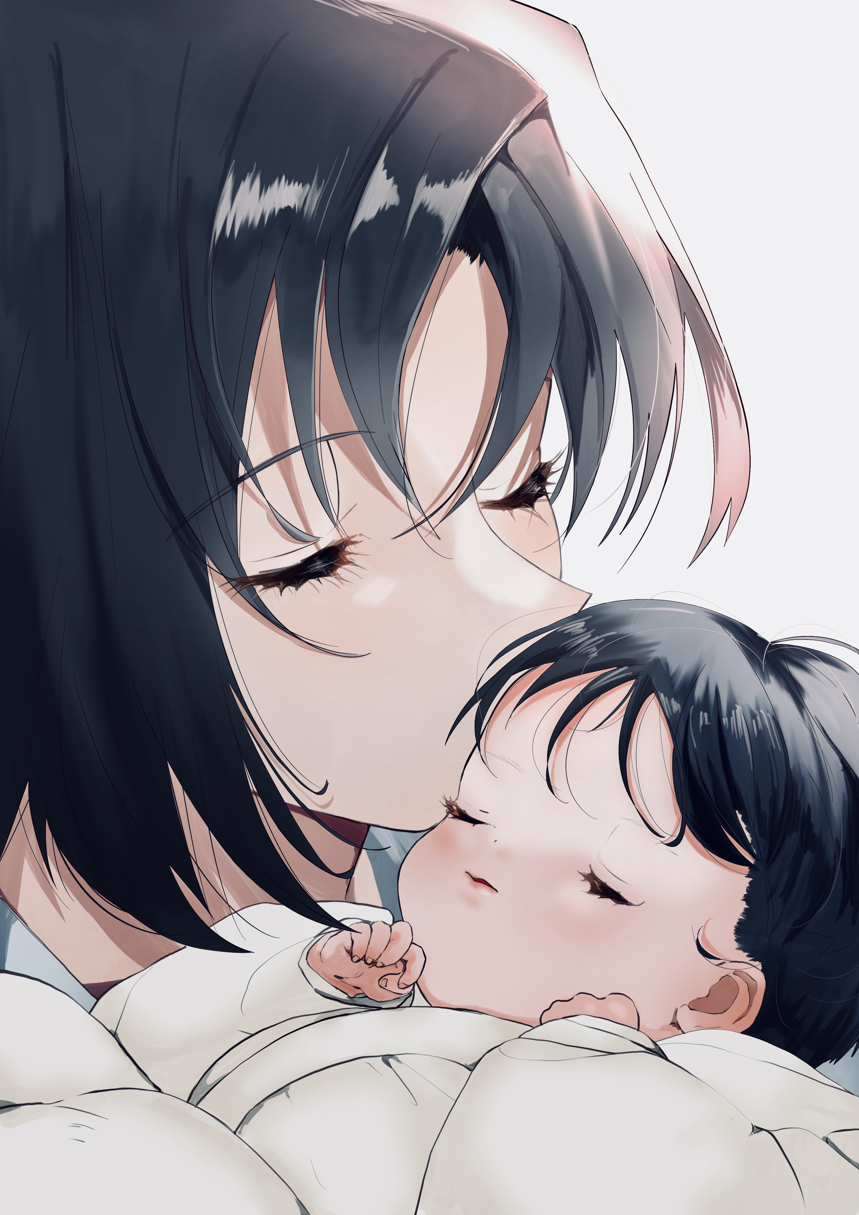 2girls absurdres baby black_hair close-up closed_eyes commentary highres jacket kara_no_kyoukai kiss kissing_forehead mother_and_daughter multiple_girls nainairo323 parted_bangs ryougi_mana ryougi_shiki short_hair sidelocks simple_background white_background white_jacket