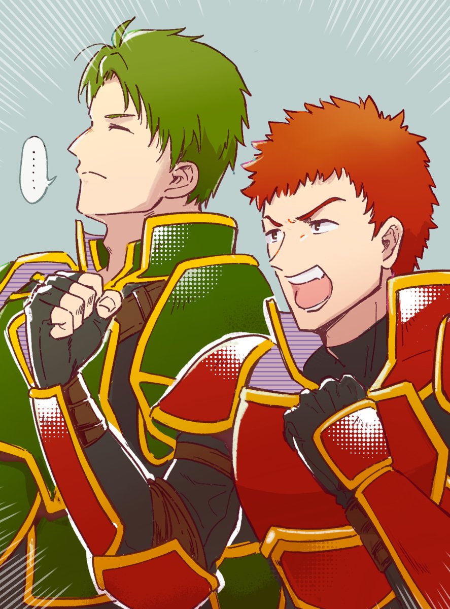 ... 2boys armor clenched_hands closed_eyes commentary_request eifilet emphasis_lines fire_emblem fire_emblem:_path_of_radiance green_armor green_hair highres kieran_(fire_emblem) male_focus multiple_boys nintendo open_mouth oscar_(fire_emblem) red_armor red_hair short_hair upper_body
