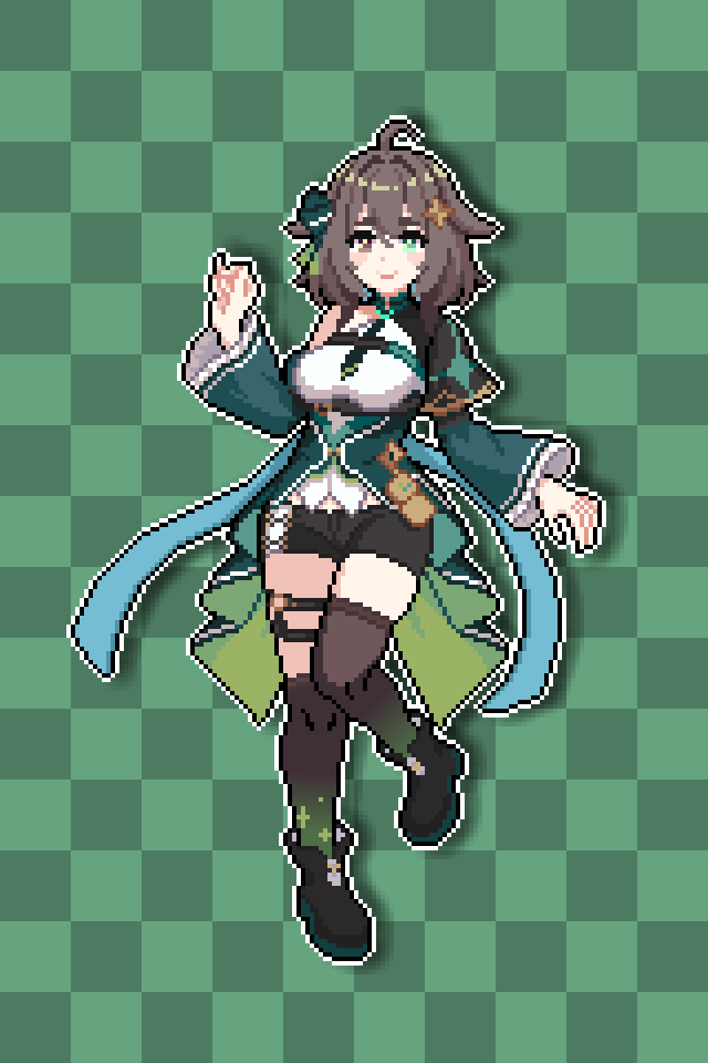 1girl ahoge ankle_boots aqua_ribbon asymmetrical_legwear black_boots black_cape black_shorts black_thighhighs boots bow brown_eyes brown_hair cape checkered_background chest_belt collar commentary_request detached_sleeves dress foot_up full_body gradient_legwear gradient_thighhighs green_background green_bow green_collar green_dress green_eyes green_necktie green_sleeves green_thighhighs hair_bow hair_flaps hair_ornament half_capelet hand_up heterochromia indie_virtual_youtuber medium_hair meica_(vtuber) meica_(vtuber)_(1st_costume) naviel necktie o-ring o-ring_thigh_strap outline outstretched_arms pixel_art ribbon shirt short_shorts shorts single-shoulder_shirt spanish_commentary standing star_(symbol) star_hair_ornament thigh_strap thighhighs uneven_legwear virtual_youtuber white_outline white_shirt