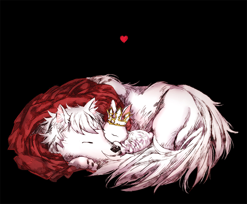 animalization bad_id bad_pixiv_id cape crown dress_of_heaven emiya_kiritsugu emiya_kiritsugu_(assassin) fate/grand_order fate_(series) heart irisviel_von_einzbern irisviel_von_einzbern_(caster) kouya_(kyk428) rabbit red_cape sleeping wolf