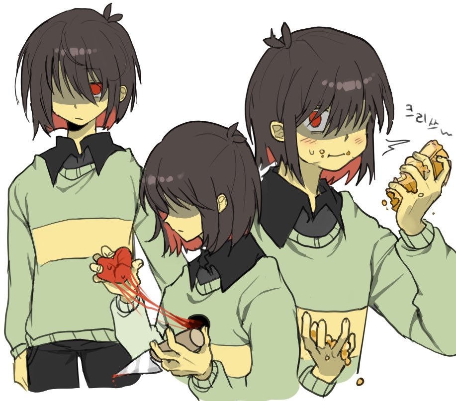 1other androgynous blood brown_hair colored_skin deltarune eating food food_on_face green_sweater heart heart_(organ) holding holding_heart_(organ) holding_knife hole_in_chest hole_on_body knife kris_(deltarune) multiple_views one_eye_covered other_focus red_eyes shaded_face short_hair simple_background sweater upper_body white_background yellow_skin yx_won2