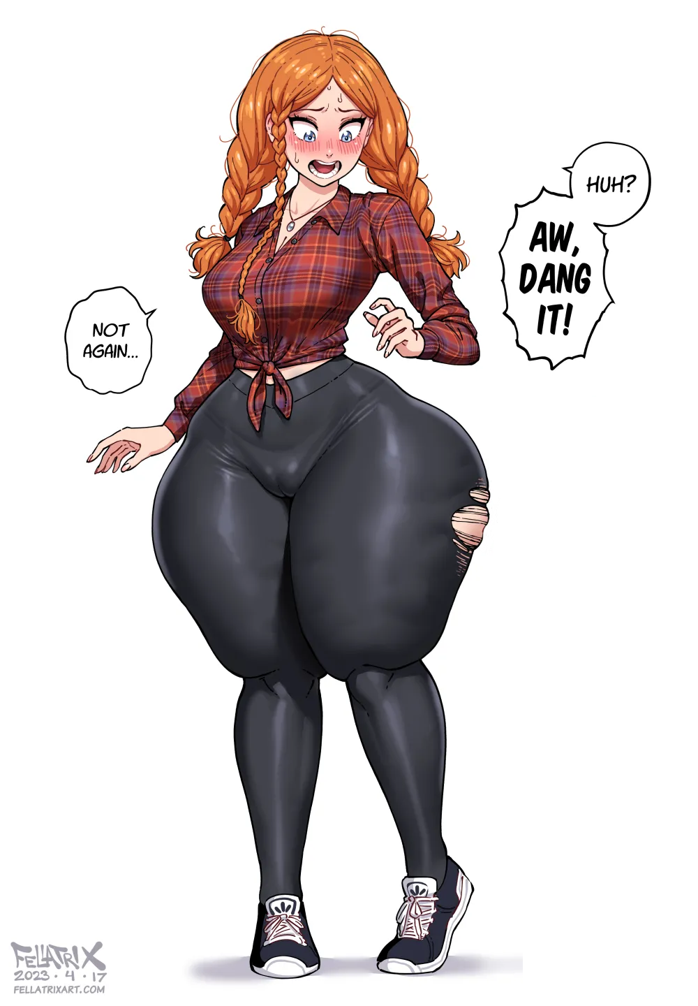 2023 blue_eyes braid breasts cameltoe embarrassed english_text fellatrix flannel highres jewelry mary_lou_(fellatrix) medium_breasts necklace original pants red_hair sweat thick_thighs thighs third-party_edit tight_clothes tight_pants torn_clothes torn_legwear twintails