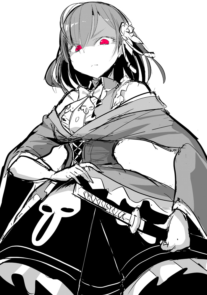 1girl angry bare_shoulders center_frills closed_mouth cowboy_shot frills furrowed_brow greyscale holding holding_sword holding_weapon japanese_clothes katana ken_(koala) long_hair long_sleeves looking_at_viewer magia_record:_mahou_shoujo_madoka_magica_gaiden mahou_shoujo_madoka_magica monochrome off_shoulder pink_eyes serious shaded_face shirt simple_background skirt solo spot_color standing sword tokiwa_nanaka weapon white_background