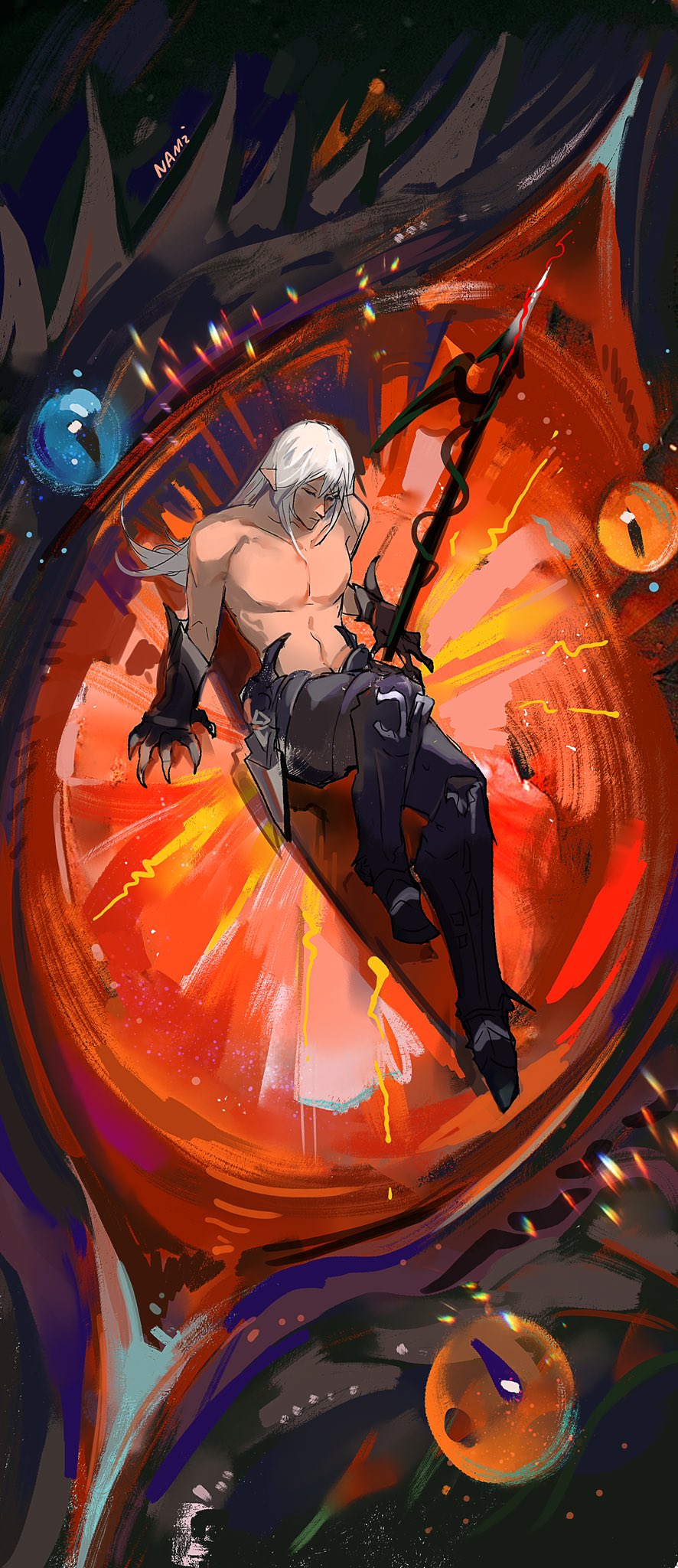 1boy abs armor clawed_gauntlets closed_eyes closed_mouth commentary dragon estinien_varlineau eyeball faulds final_fantasy final_fantasy_xiv hashtag-only_commentary highres holding holding_polearm holding_weapon knee_up long_hair male_focus namikaze_(dobbyka) parted_bangs pectorals pointy_ears polearm red_eyes sitting slit_pupils solo topless_male weapon white_hair