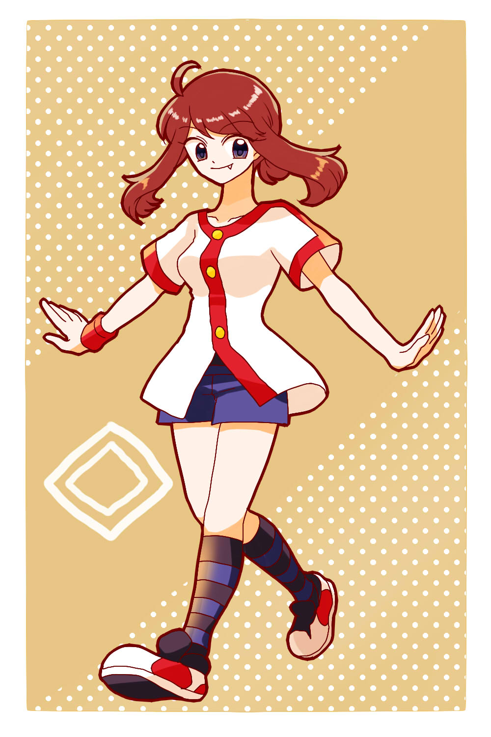 1girl badge black_eyes breasts brown_background brown_hair cosplay fang full_body gym_leader_badge hibikileon highres looking_at_viewer may_(pokemon) medium_breasts medium_hair nintendo pokemon pokemon_adventures pokemon_hgss polka_dot polka_dot_background ponytail shoes socks striped_clothes striped_legwear striped_socks twintails walking whitney_(pokemon) whitney_(pokemon)_(cosplay) wristband