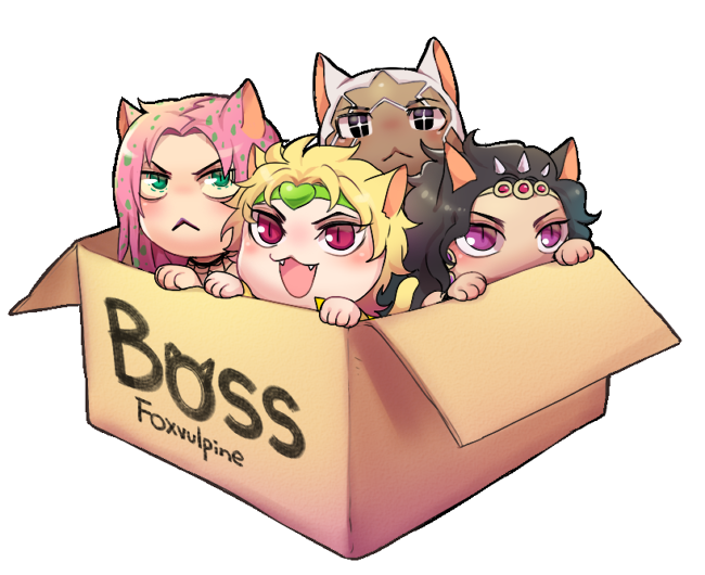 4boys :&lt; :3 animal_ears battle_tendency black_eyes black_hair blonde_hair box cardboard_box cat cat_ears dark-skinned_male dark_skin diavolo dio_brando earrings enrico_pucci foxvulpine green_eyes heart_headband horns jewelry jojo_no_kimyou_na_bouken kars_(jojo) kitten male_focus multiple_boys pink_hair polka_dot purple_eyes red_eyes slit_pupils star-shaped_pupils star_(symbol) stardust_crusaders stone_ocean symbol-shaped_pupils vento_aureo white_hair