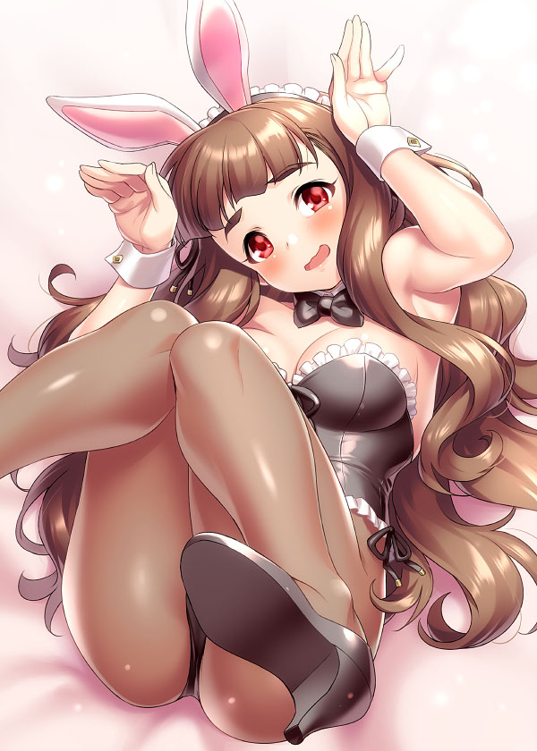 1girl animal_ears armpits ass bare_shoulders black_leotard blunt_bangs blush breasts brown_hair brown_pantyhose cleavage eyebrows fake_animal_ears female_focus frills hands_up high_heels idolmaster idolmaster_cinderella_girls kamiya_nao legs legs_up leotard long_hair looking_at_viewer maid_headdress medium_breasts open_mouth pantyhose playboy_bunny rabbit_ears rabbit_pose red_eyes smile solo thick_eyebrows wavy_hair wavy_mouth wrist_cuffs zen