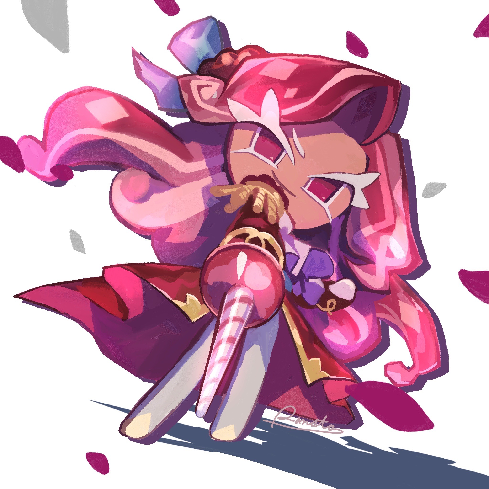 1girl aiming aiming_at_viewer artist_name ascot blue_bow bow closed_mouth cookie_run cookie_run:_kingdom curly_hair dutch_angle gloves hair_bow highres holding holding_polearm holding_weapon jacket lance long_hair long_sleeves looking_at_viewer multicolored_hair pants pink_hair pink_petals polearm raspberry_cookie red_eyes red_jacket rn9j shadow simple_background single_eyebrow smile solo streaked_hair two-tone_hair weapon white_ascot white_background white_gloves white_pants