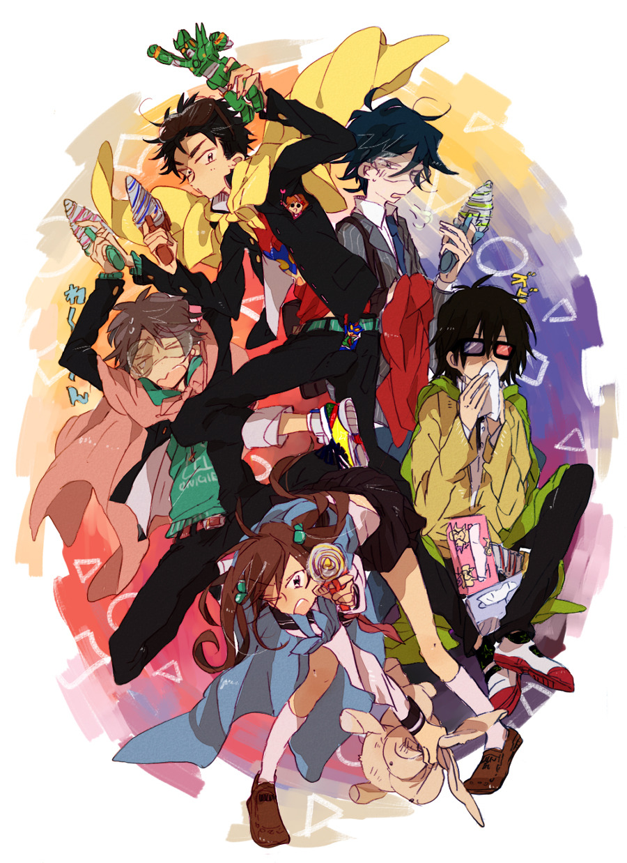 &gt;_&lt; 1girl 3boys :o action_kamen aged_up ahoge antenna_hair belt belt_buckle black-framed_eyewear black_hair black_jacket black_necktie black_pants black_sailor_collar blue-tinted_eyewear blue_cape blue_eyes blue_hair blue_necktie boo-chan border brown_footwear brown_hair buckle candy cape character_request charm_(object) collared_jacket collared_shirt crayon_shin-chan energy_gun food formal_clothes full_body goggles green_belt green_cape green_shirt grey_jacket grey_suit gun h_kawa hair_bobbles hair_ornament happiness_bunny heterochromatic_eyewear highres holding holding_candy holding_food holding_gun holding_lollipop holding_stuffed_toy holding_unworn_cape holding_unworn_clothes holding_weapon jacket kazama_tooru kneehighs layered_sleeves leaning_forward loafers lollipop long_hair messy_hair multicolored_background multiple_boys neckerchief necktie nohara_shinnosuke novelty_glasses one_eye_closed open_mouth orange_cape outstretched_arm pants pinstripe_pattern pinstripe_suit ray_gun red-tinted_eyewear red_belt red_cape red_neckerchief red_shirt sailor_collar sailor_shirt sakurada_nene satou_masao shirt shoes short_hair sigh sitting sneakers socks striped stuffed_animal stuffed_rabbit stuffed_toy suit sweatdrop sweater_jacket t-shirt teeth thick_eyebrows tinted_eyewear twintails two-sided_fabric two-sided_jacket two-tone_eyewear unworn_cape upper_teeth_only v-shaped_eyebrows wavy_mouth weapon white_border white_eyes white_footwear white_jacket white_shirt white_socks yellow-tinted_eyewear yellow_cape yellow_eyes yellow_jacket
