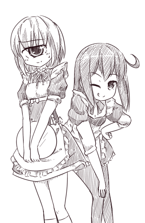 2girls ;q ahoge alternate_costume apron cyclops enmaided frilled_apron frills greyscale hand_on_own_hip hand_on_own_knee hitomebore holding_tray leaning_forward looking_at_viewer lynte maid maid_apron monochrome multiple_girls one-eyed one_eye_closed puffy_short_sleeves puffy_sleeves short_hair short_sleeves simple_background thighhighs tongue tongue_out tray tsunemi_akemi usui_sachi v_arms waist_apron white_background wink