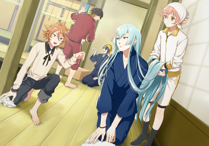 10s 5boys bandana barefoot black_hair blonde_hair blue_eyes blue_hair brown_eyes brown_hair cleaning dutch_angle gotou_toushirou jacket japanese_clothes kousetsu_samonji long_hair male_focus mikazuki_munechika monoyoshi_sadamune multicolored_hair multiple_boys nagasone_kotetsu oisih on_one_knee open_mouth seiza shorts sitting smile touken_ranbu track_jacket two-tone_hair very_long_hair yellow_eyes