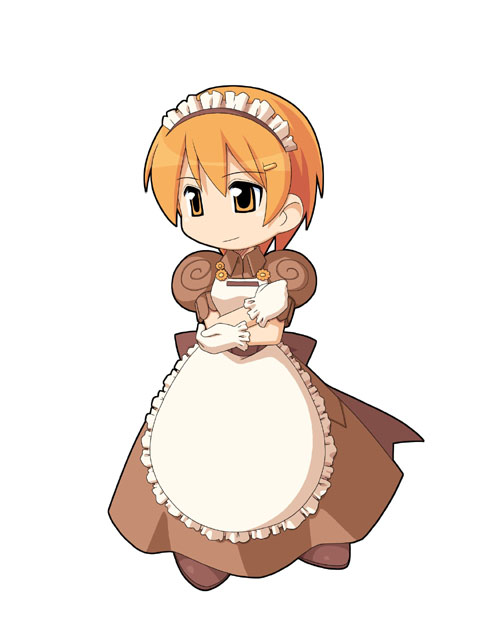 1girl apron brown_dress closed_mouth dress frilled_apron frills full_body gloves hair_ornament hairclip kafra_uniform looking_afar maid maid_headdress official_art orange_eyes orange_hair puffy_short_sleeves puffy_sleeves ragnarok_online ragnarok_online_saga:_swordsman_and_the_sealed_sword roxie_(ragnarok_online) short_hair short_sleeves simple_background smile solo standing third-party_source white_apron white_background white_gloves yuichirou