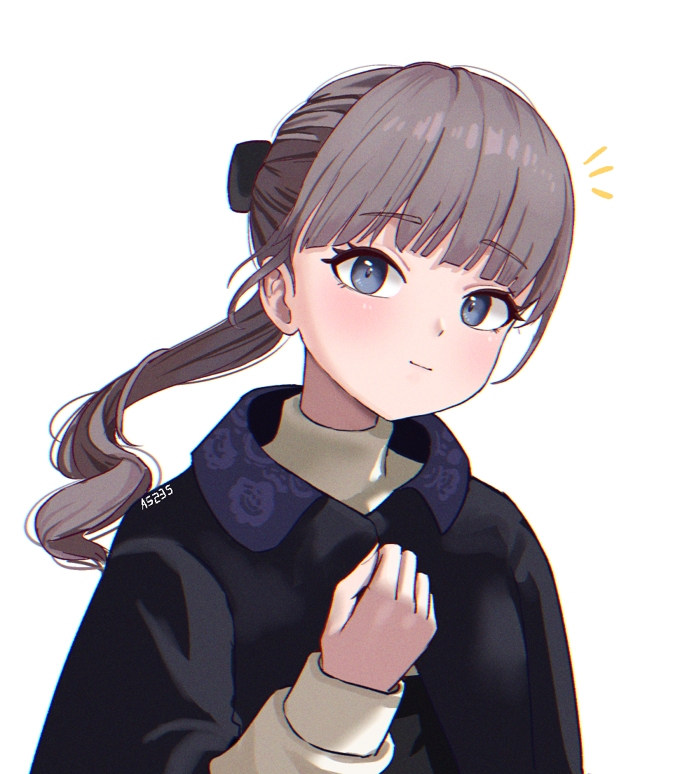 1girl a5235 artist_name black_bow black_coat blue_eyes blunt_bangs blush bow brown_hair closed_mouth coat floral_print grey_hair hair_bow hand_up lapwing_(vrchat) light_smile long_hair long_sleeves looking_at_viewer notice_lines ponytail shirt signature simple_background smile solo sweater upper_body vrchat white_background