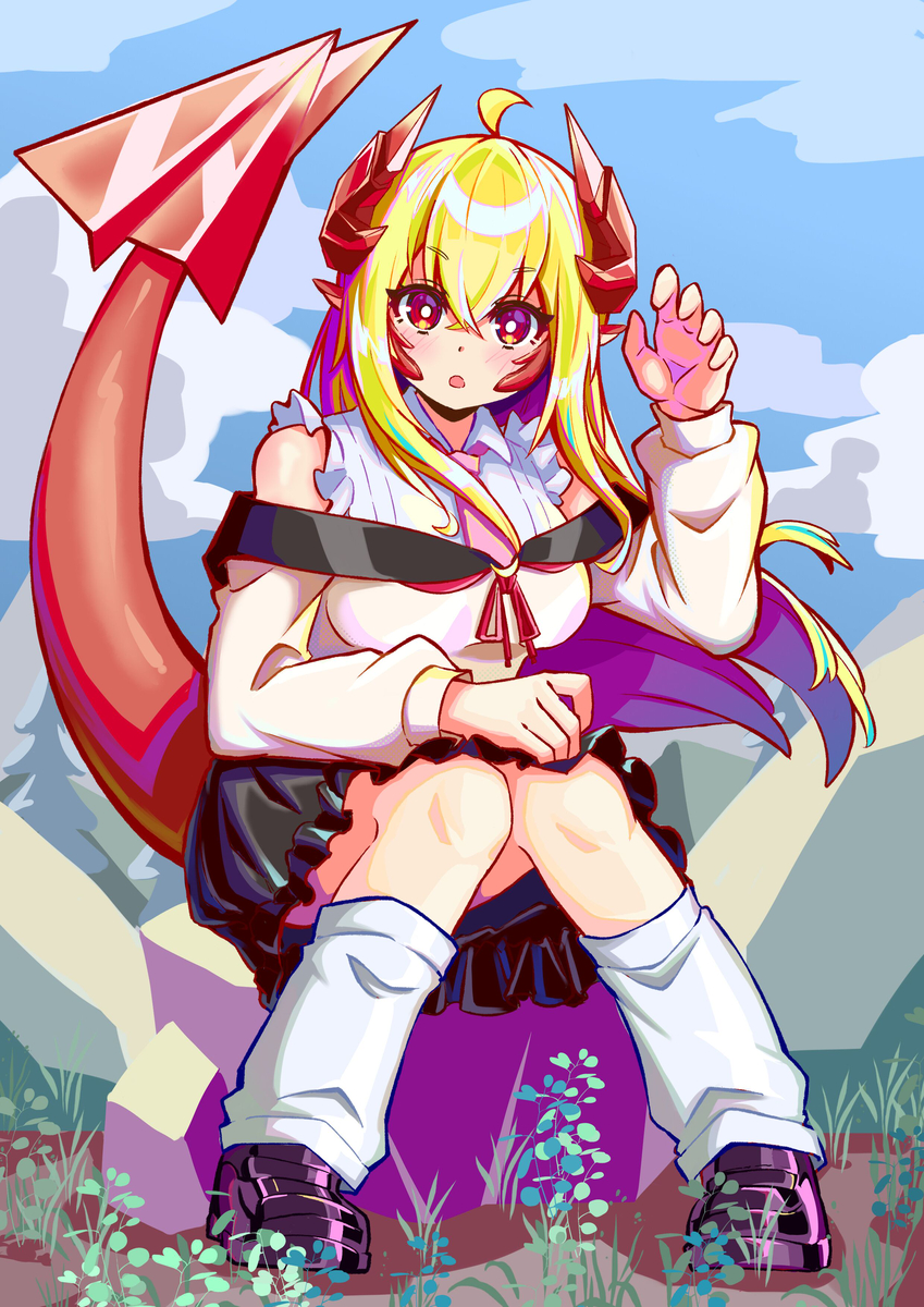 1girl :o ahoge bare_shoulders black_skirt blonde_hair blue_sky blush cloud curious curled_horns day dragon_girl dragon_horns dragon_tail frills grass hair_between_eyes hand_up heizi highres horns loafers long_hair long_sleeves looking_at_viewer loose_socks multicolored_hair neckerchief necktie open_mouth original outdoors red_eyes red_neckerchief rock shirt shoes sitting skirt sky socks solo surprised tail white_shirt
