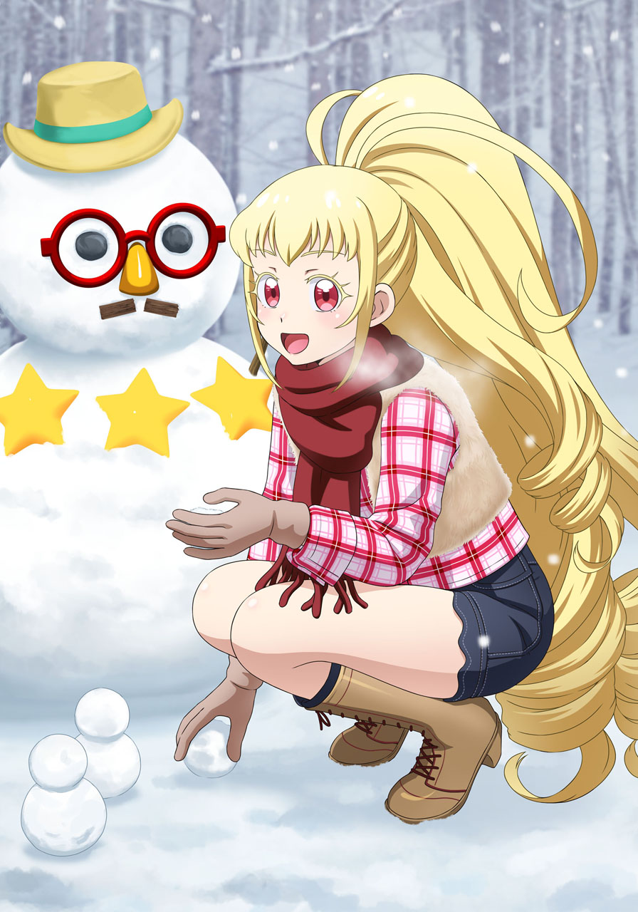 1girl blonde_hair brown_footwear brown_gloves commission gloves hat highres kagayaki_alice kiratto_pri_chan long_hair mini_snowman pink_eyes pixiv_commission pretty_series scarf shorts snowman solo tooo winter
