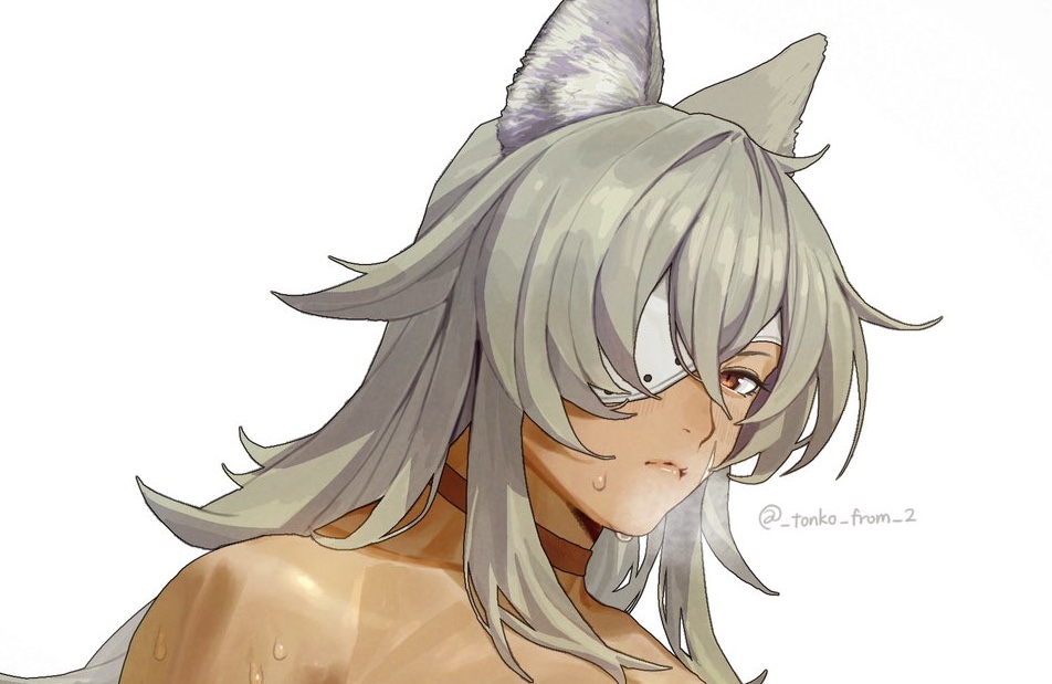 1girl animal_ear_fluff animal_ears artist_name bare_shoulders cat_ears cat_girl choker commentary_request eyepatch ghislaine_dedoldia grey_hair hair_between_eyes light_blush long_hair looking_at_viewer mushoku_tensei portrait red_choker red_eyes simple_background solo sweat tonko_from twitter_username white_background