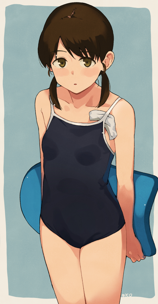 1girl blue_background blue_one-piece_swimsuit blue_school_swimsuit breasts brown_eyes brown_hair collarbone competition_school_swimsuit cowboy_shot flat_chest framed holding kantai_collection kickboard looking_at_viewer low_twintails makio_(makiomeigenbot) one-piece_swimsuit open_mouth parted_bangs school_swimsuit shirayuki_(kancolle) short_hair short_twintails signature simple_background small_breasts solo standing swimsuit twintails unworn_swim_cap