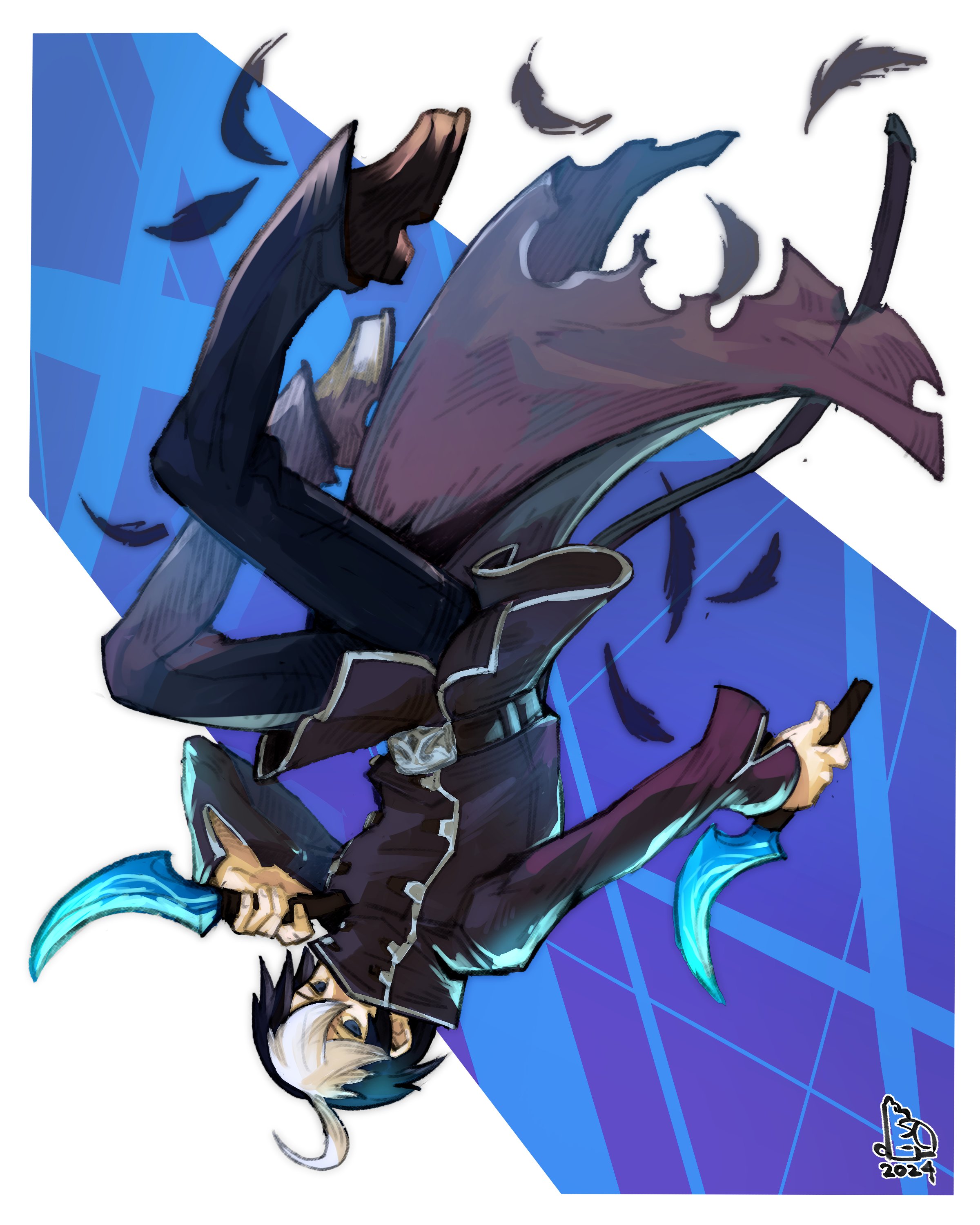 1boy absurdres ahoge black_coat black_feathers black_hair black_pants coat dagger dual_wielding feathers full_body highres holding holding_dagger holding_knife holding_weapon knife male_focus multicolored_hair pants piccolourme seth_(under_night_in-birth) short_hair solo two-tone_hair under_night_in-birth upside-down weapon white_hair