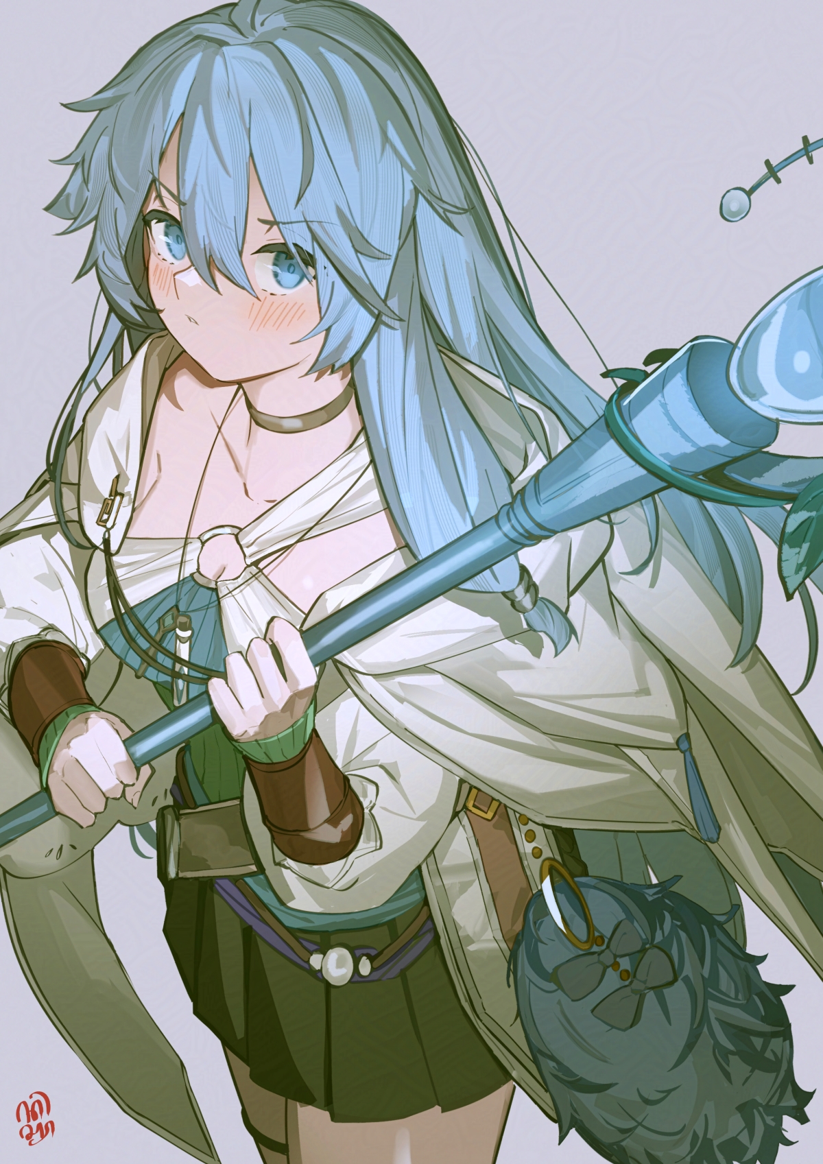 1girl artist_name blue_eyes blue_hair blush breasts capelet collarbone dress duel_monster eria_the_water_channeler highres holding holding_staff large_breasts looking_at_viewer pleated_dress sen-jou sideboob solo staff upper_body vial yu-gi-oh!