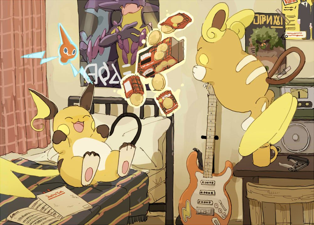 :3 :d alolan_form alolan_raichu animal_focus animal_hands animal_nose book brown_fur cc8nw42u15apug0 cookie food full_body gen_1_pokemon gen_4_pokemon gen_7_pokemon gen_8_pokemon guitar instrument looking_at_another nintendo no_humans on_bed open_book open_mouth orange_fur pokemon pokemon_(creature) poster_(object) raichu rillaboom rotom smile toxtricity two-tone_fur yellow_fur