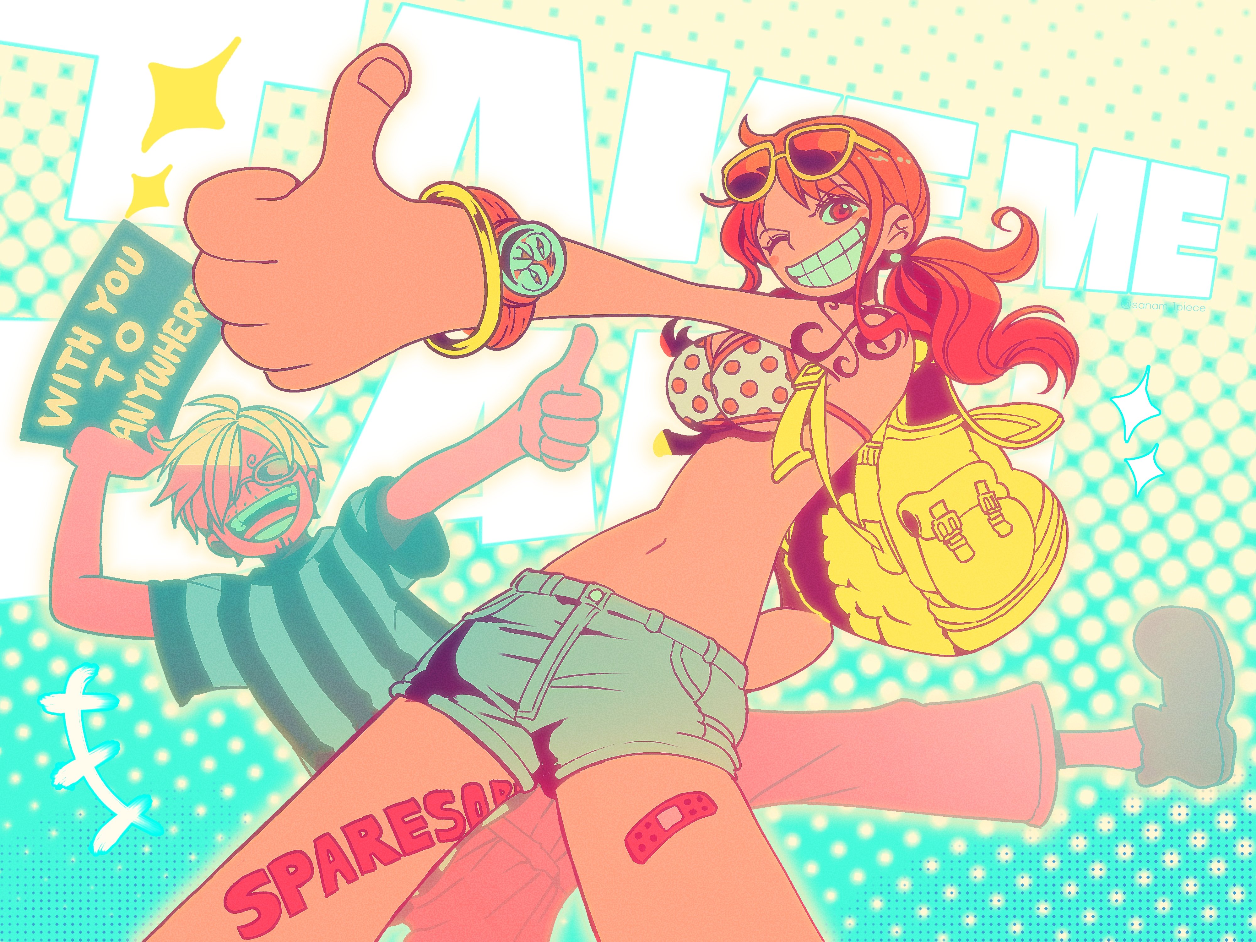 1boy 1girl absurdres arm_tattoo arm_up backpack bag bikini bikini_top_only blonde_hair clima-tact highres nami_(one_piece) one_piece ponytail sanam_1piece sanji_(one_piece) shorts shoulder_tattoo smile sunglasses swimsuit tattoo
