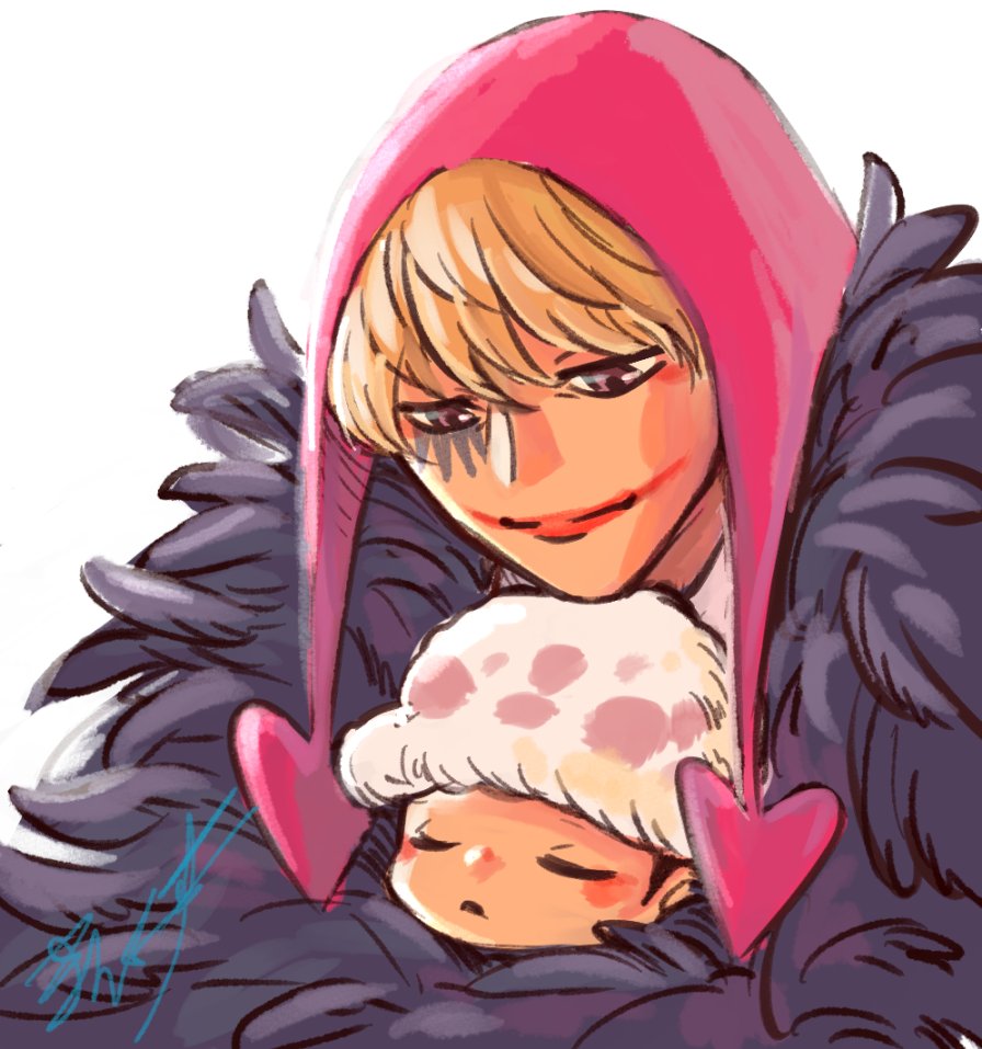 2boys aged_down black_cape blonde_hair blunt_bangs cape child closed_eyes commentary_request donquixote_rocinante facial_mark feathered_cape hat hood magu_pink male_focus multiple_boys one_piece pink_hood short_hair signature simple_background sleeping smile trafalgar_law white_background