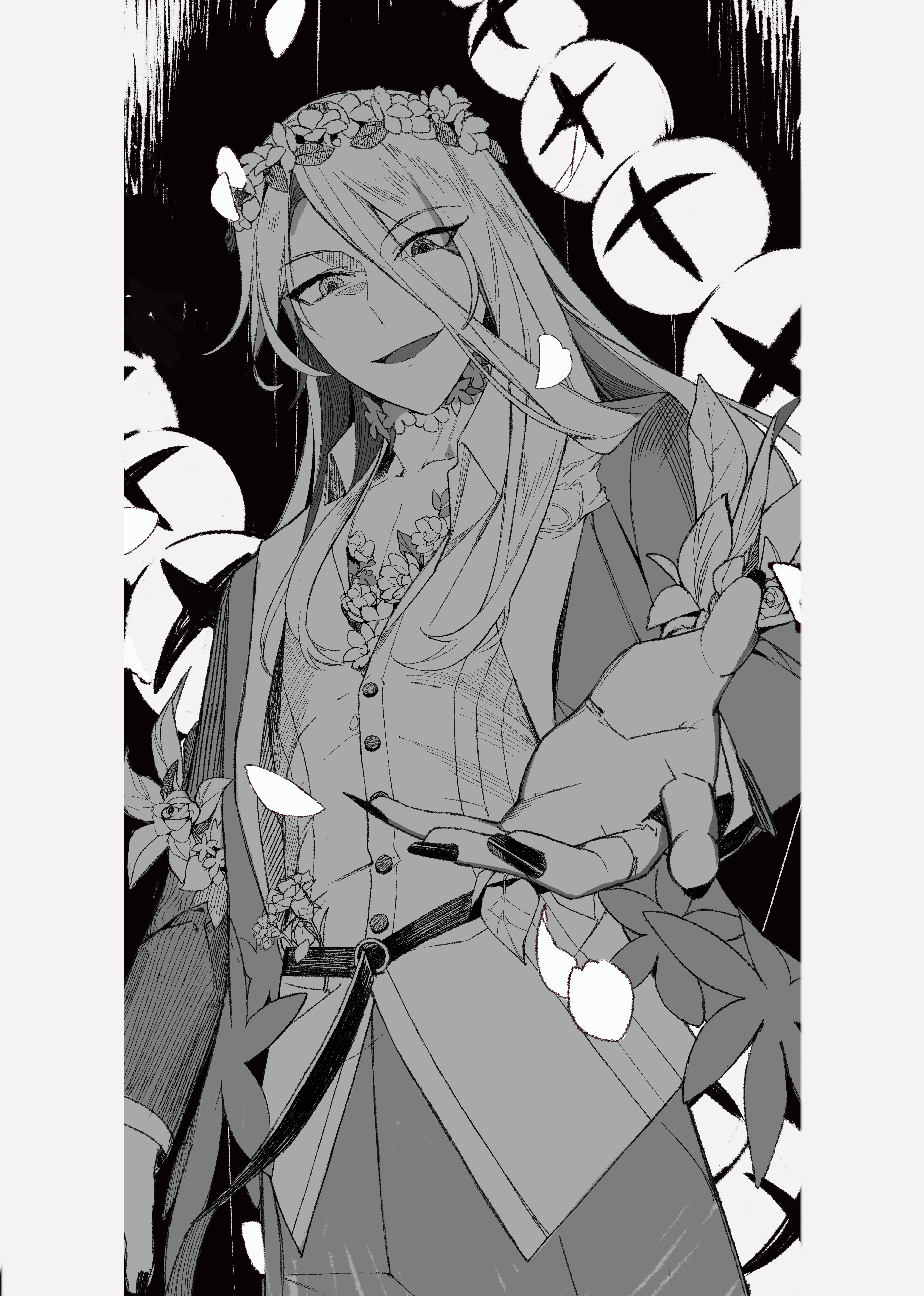 1boy absurdres belt black_background collared_shirt commentary cowboy_shot demon_pillar_(fate) empty_eyes english_commentary evil_smile falling_petals fate/grand_order fate_(series) fingernails flower flower_wreath greyscale hair_between_eyes head_wreath heterochromia highres jacket leaf long_fingernails long_hair long_sleeves looking_at_viewer male_focus monochrome open_clothes open_collar open_jacket open_mouth pants petals pillarboxed reaching reaching_towards_viewer shirt smile solo standing very_long_hair wing_collar wolfgang_amadeus_mozart_(fate) wolfgang_amadeus_mozart_(traveling_outfit)_(fate) yukkuri_(fumoyun)